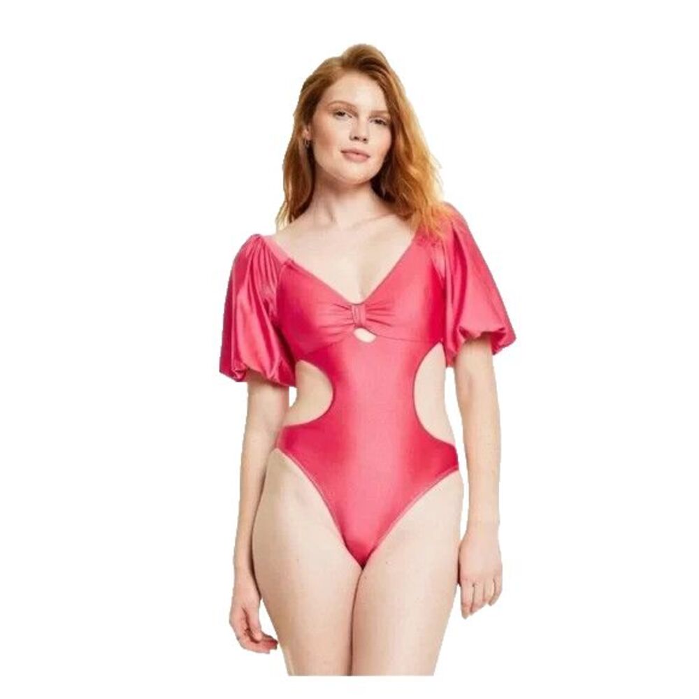 Women's Metallic Puff Sleeve Cut Out One Piece Swimsuit or Top Sz S NWT